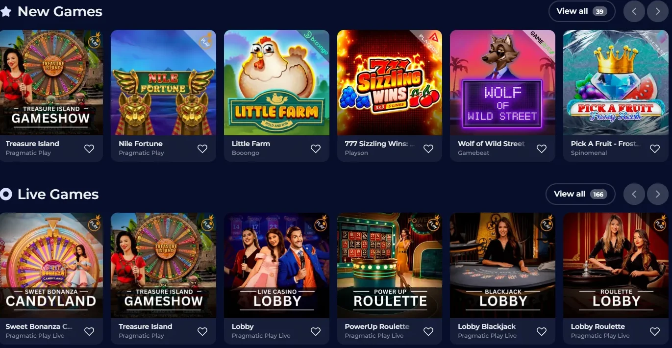 Official Nine Casino New Games and Live Games sections